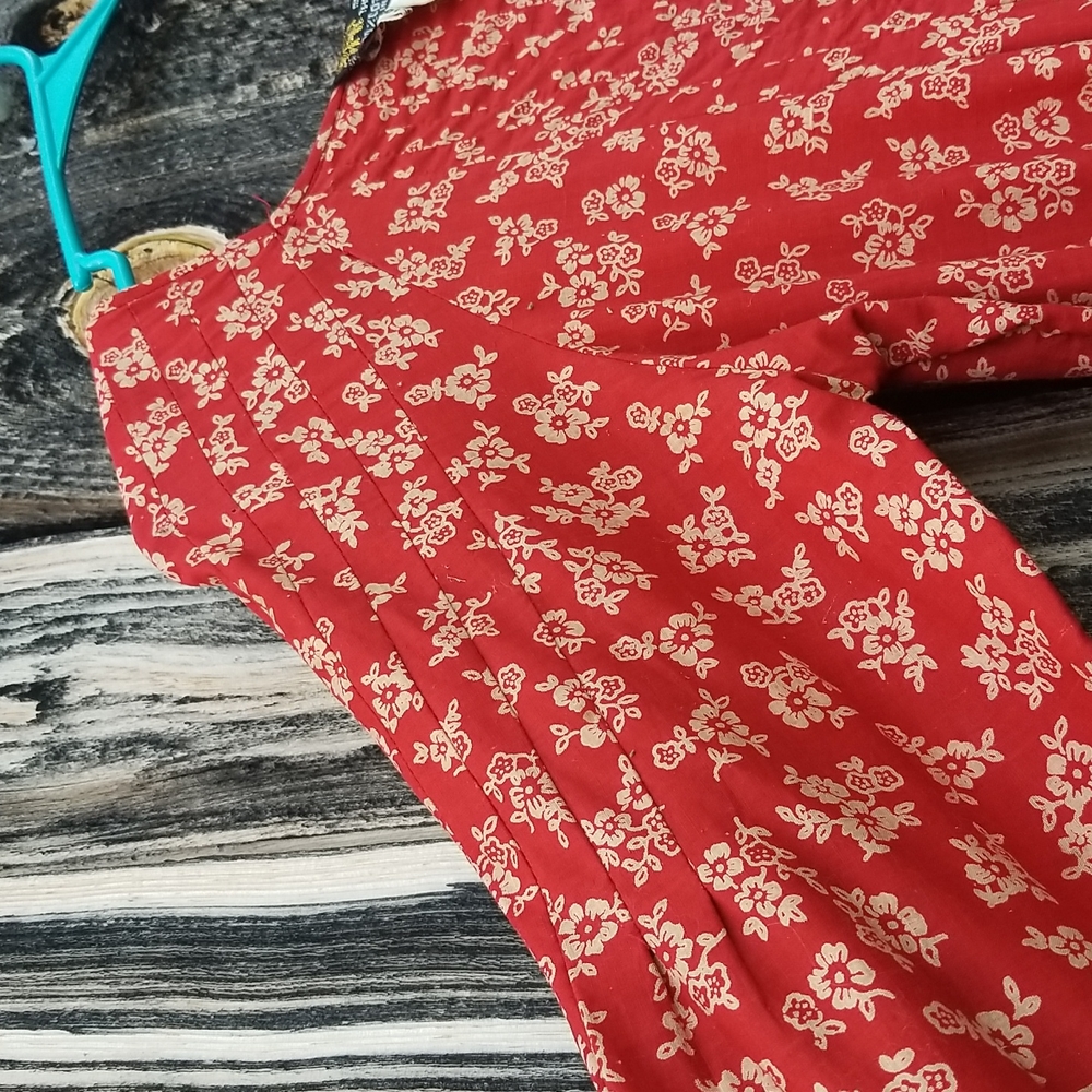 Vintage 70’s India Red Floral Block Print Cotton Long Prairie MaXi Dress RELIK S